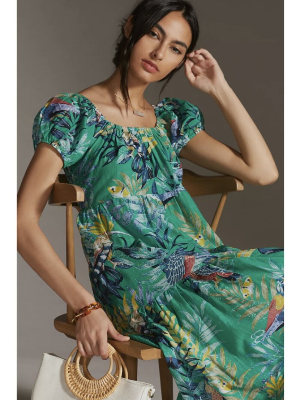 ANTHROPOLOGIE MAEVE Tiered Maxi Dress Green XS P Tropical Coastal Boho Pockets